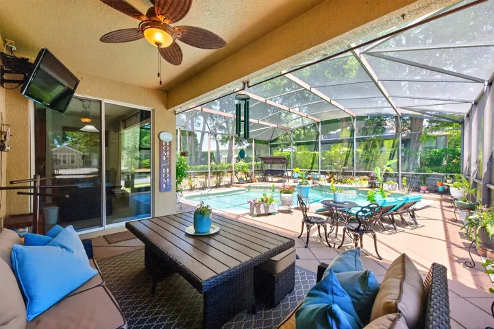 Covered lanai overlooks a private screened pool.