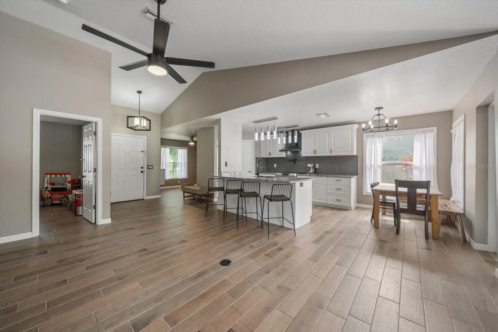 Living room, kitchen, dining room