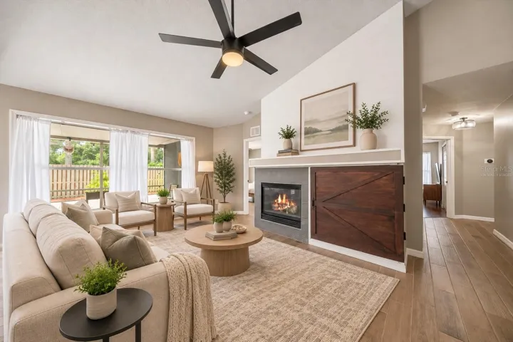 Virtually staged Living room with gas fireplace