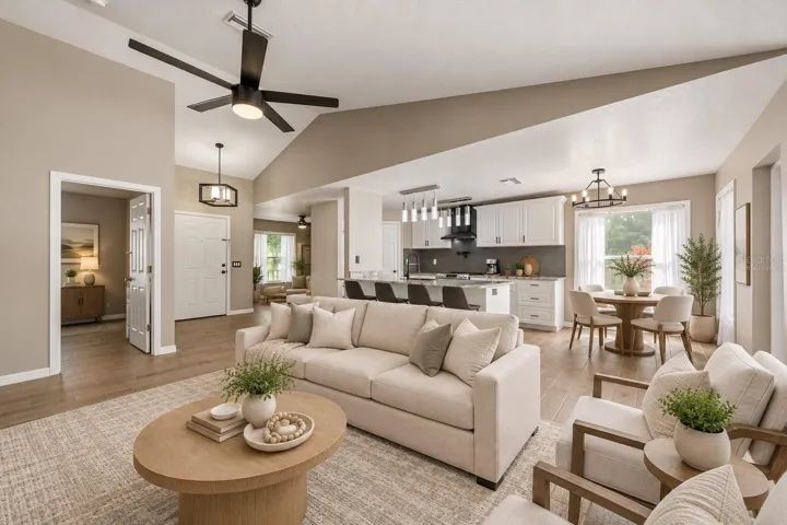 Virtually staged living room, kitchen, dining room