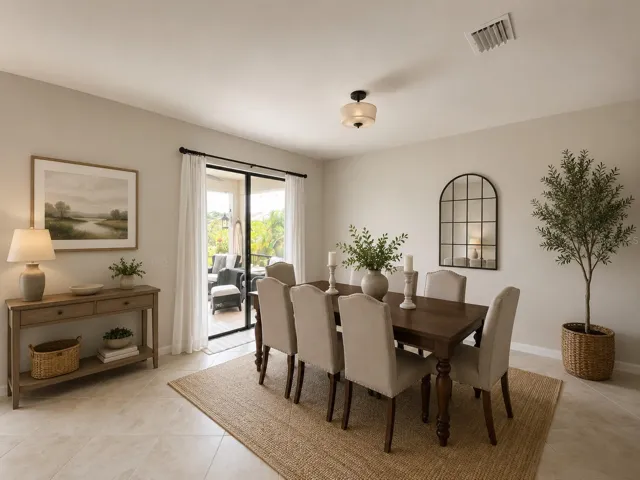 Beautiful Dining Room Overlooking the Heated Pool, Peaceful Lake & Stunning Sunsets