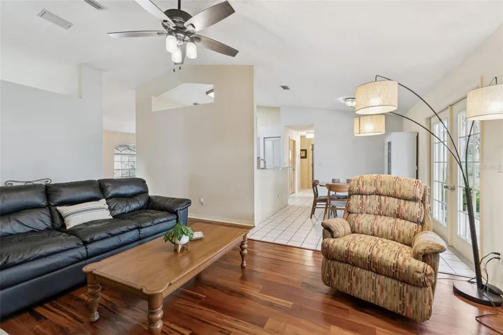 Solid surface flooring is featured throughout the home