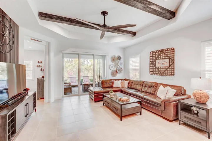 Tray Ceiling w/ 12ft Wood-Stained Beams