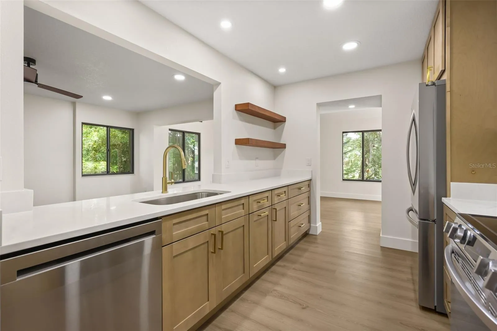 kitchen overlooks living room