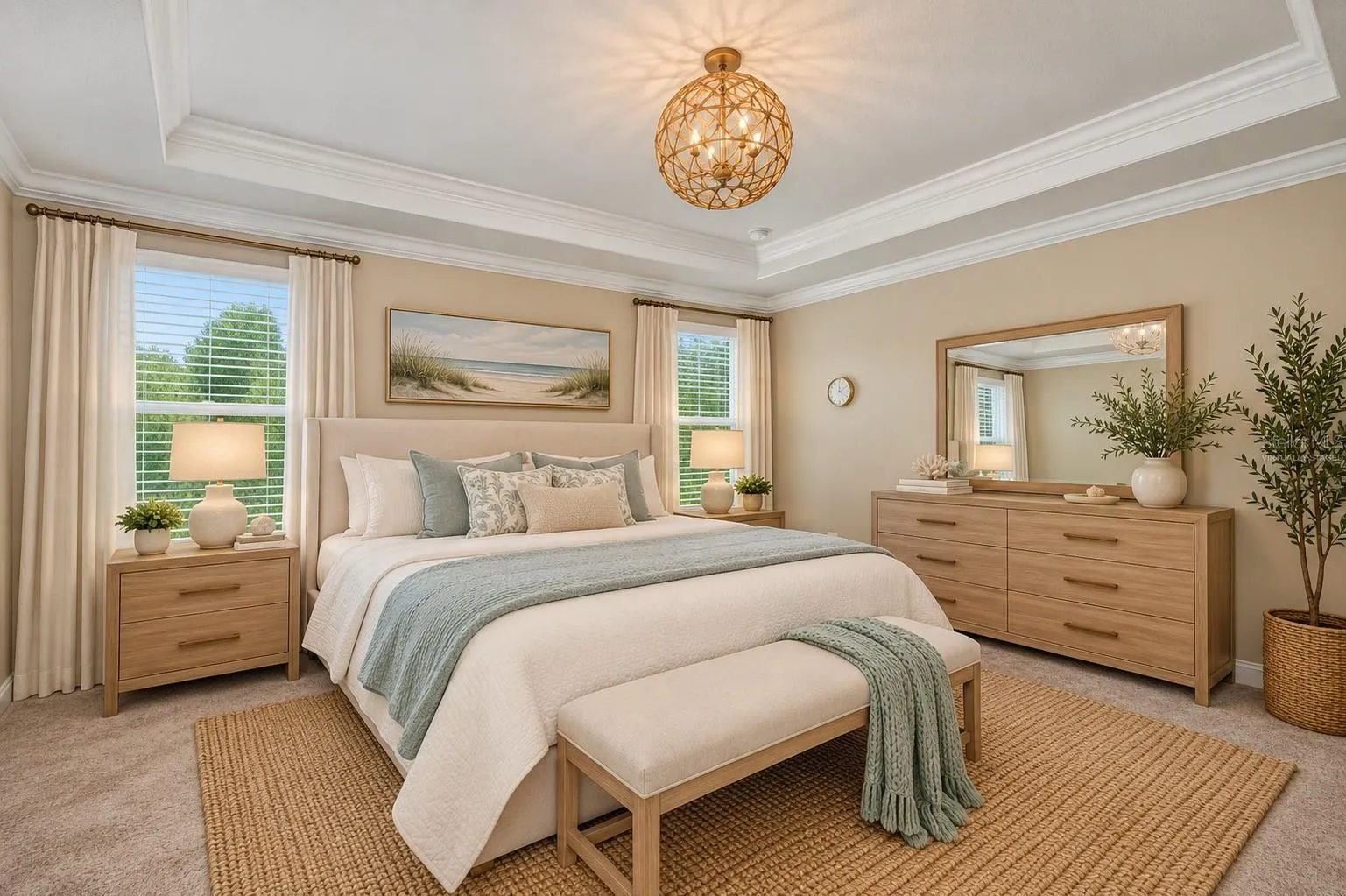 Virtually Staged Luxurious Primary Suite with Tray Ceiling, Crown Molding &amp; Designer Lighting.