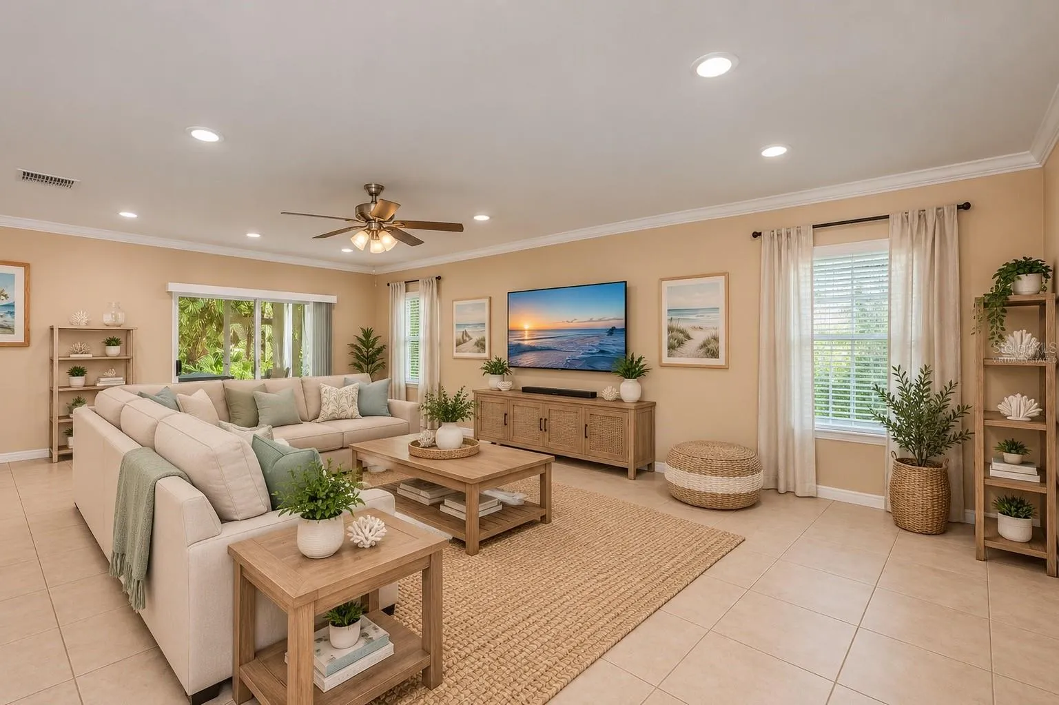 Virtually Staged Spacious Living Room with Crown Molding and Lanai Access.