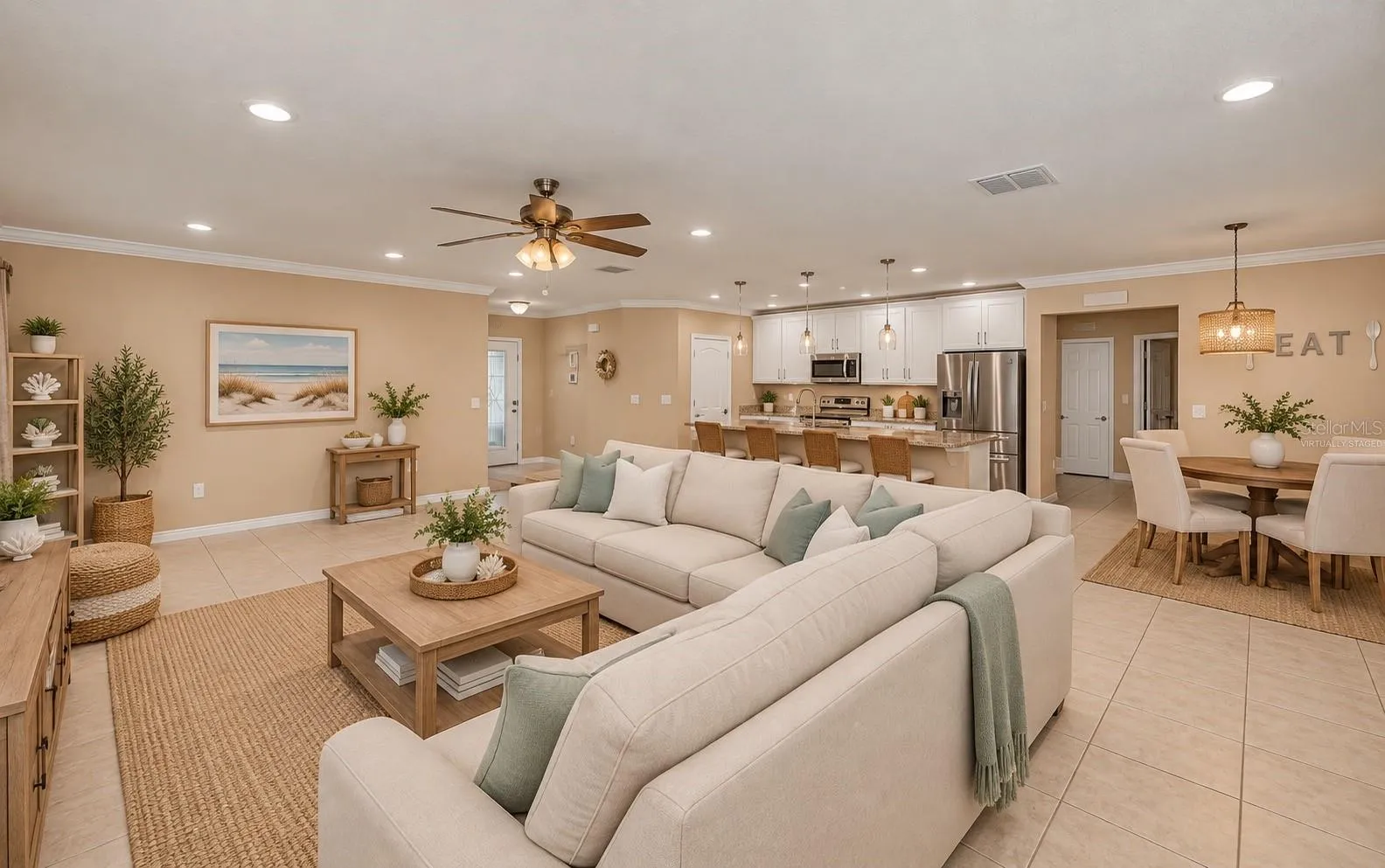 Virtually Staged Open Concept Living, Dining &amp; Kitchen Area.