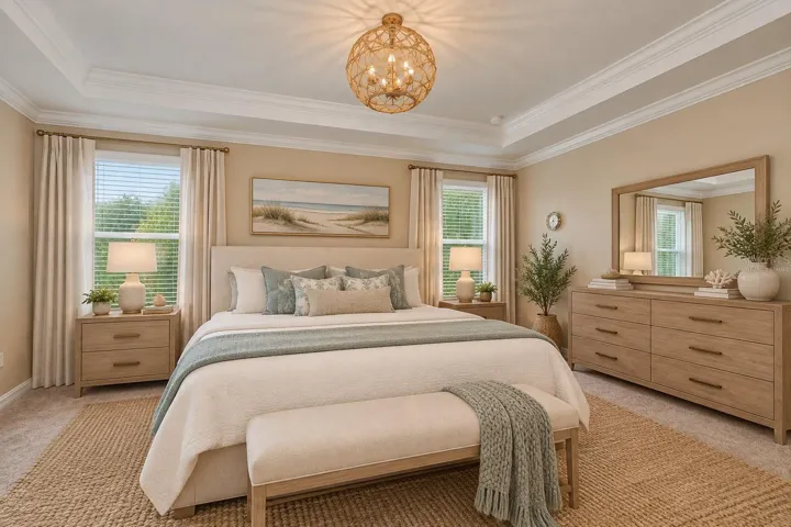 Virtually Staged Luxurious Primary Suite with Tray Ceiling, Crown Molding &amp; Designer Lighting.