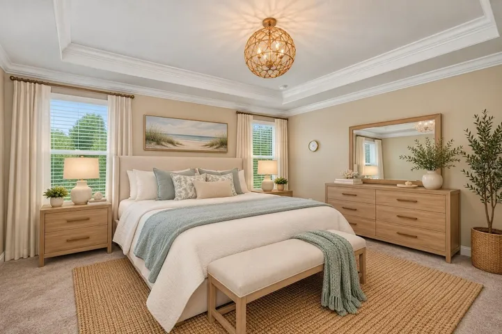 Virtually Staged Luxurious Primary Suite with Tray Ceiling, Crown Molding &amp; Designer Lighting.