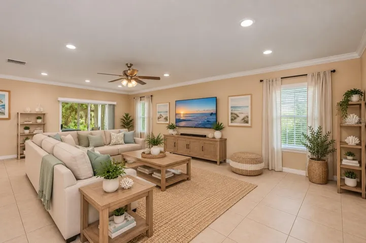 Virtually Staged Spacious Living Room with Crown Molding and Lanai Access.