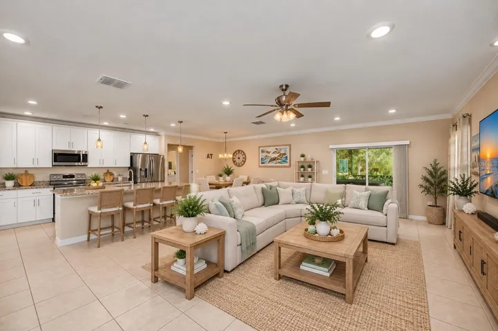 Virtually Staged Spacious Open-Concept Great Room with Seamless Kitchen Integration.