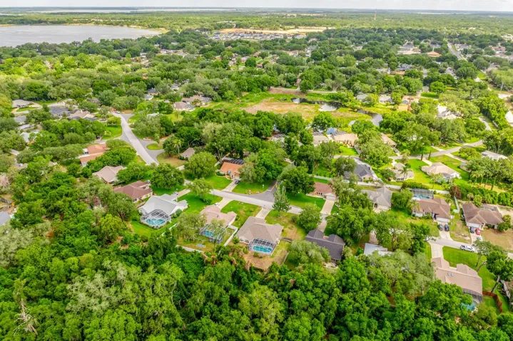 Aerial view of the home and neighborhood.
