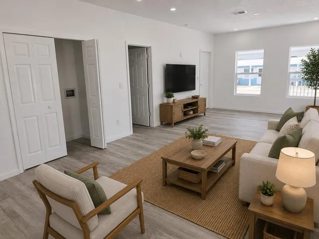 Virtually staged living area, showing indoor laundry area