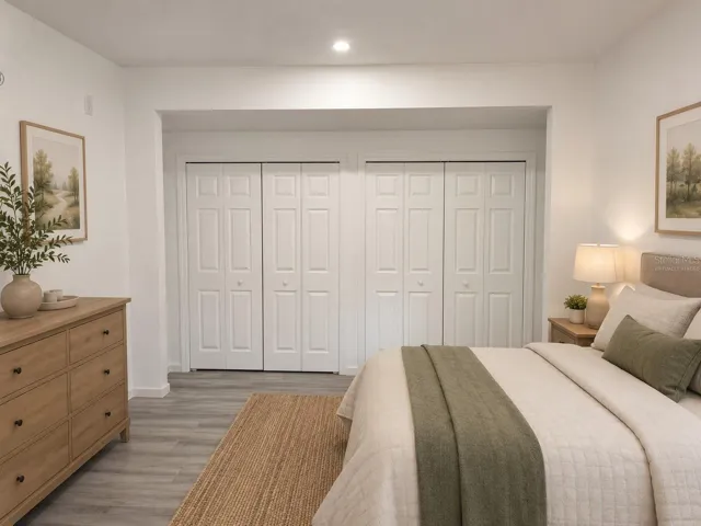Virtually staged primary bedroom with in-suite bath