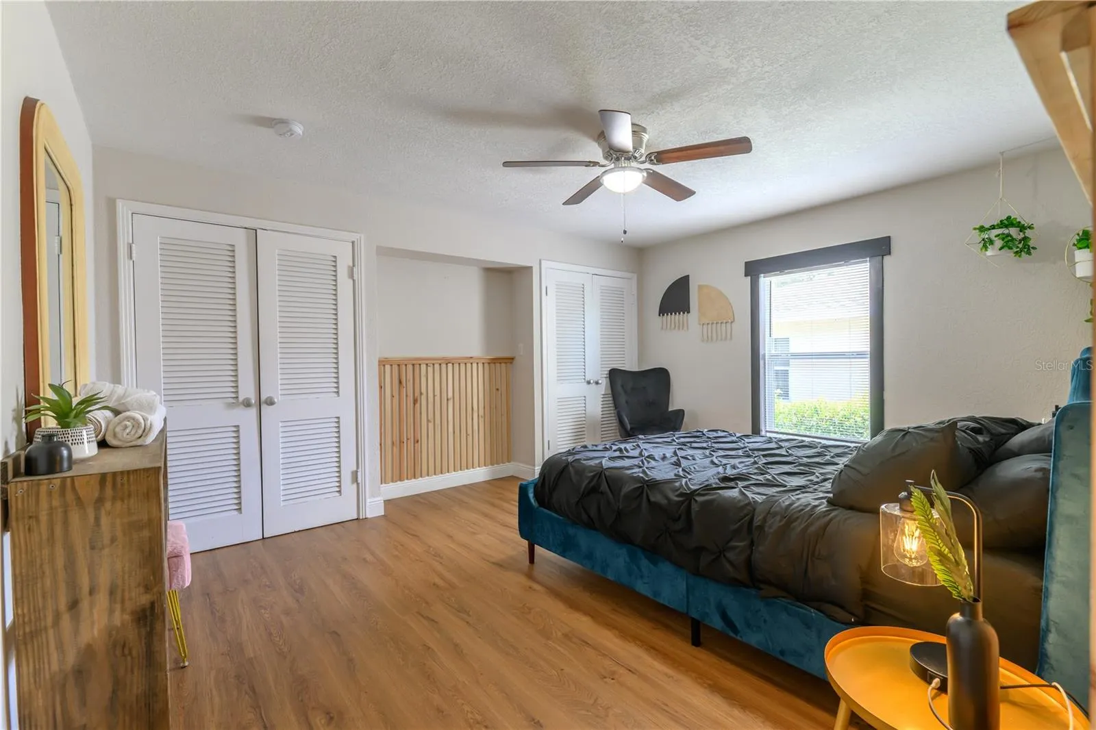 Bedroom 2 Entry view, Wood Slat Wall Accents, & Ceiling Fan