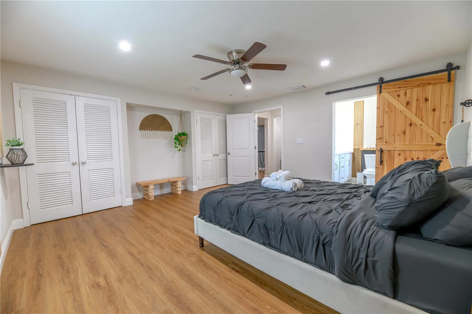 Primary Bedroom Dual Closets, Entryway & Ensuite Bathroom with Barn Door