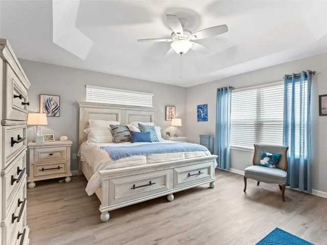 Spacious primary bedroom featuring a tray ceiling, stylish vinyl flooring, and abundant natural light.
