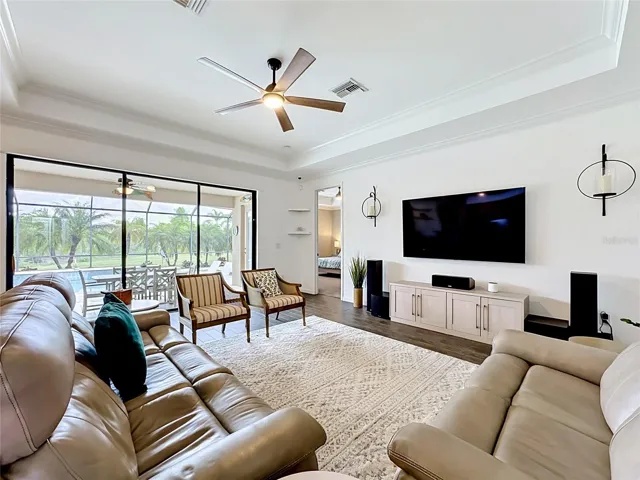 Greatroom with sliding glass doors to the caged pool and lanai.