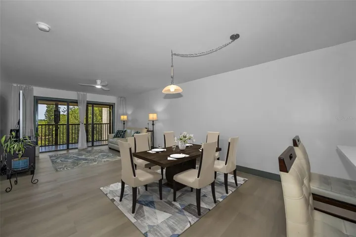 Dining room off living room area, and kitchen bar area.