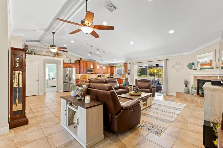 Beautiful open concept kitchen and living room with vaulted ceilings