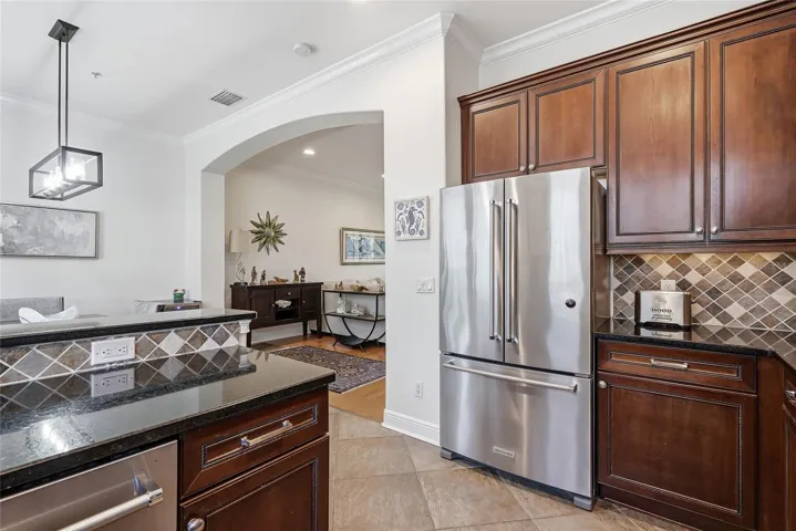 Granite counters and stainless steel appliances.