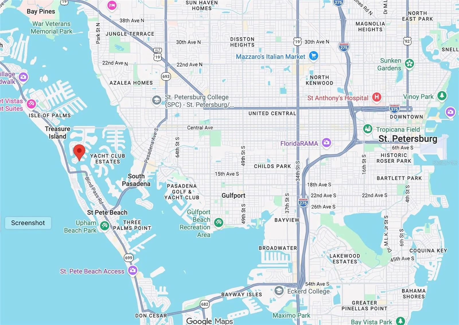 Map of Paradise Island surrounded by the Intracoastal and the Golf of Mexico with the restaurants of downtown St. Petersburg only 6 to 8 miles away via Central Avenue.