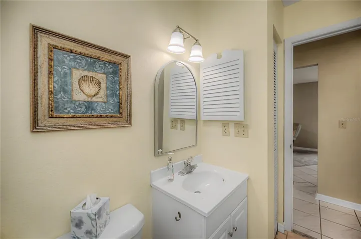 Guest bathroom sink and vanity.