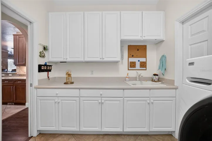White cabinets in the laundry room