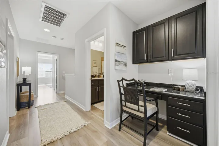 loft has a hall bath and built in workspace