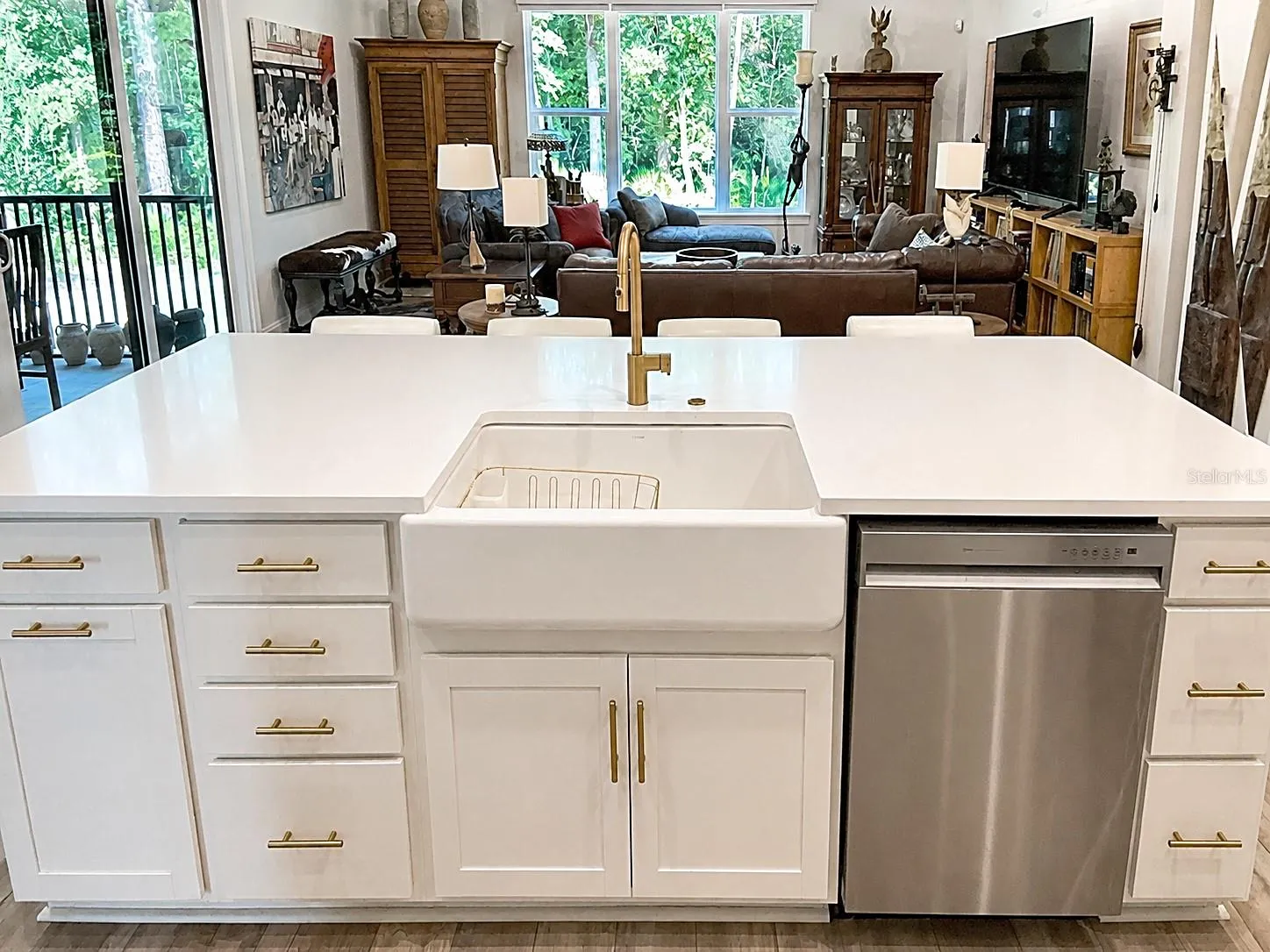 view from kitchen sink to great room.
