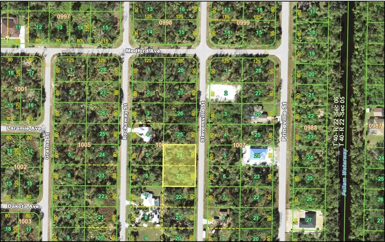 Aerial view of 189-197 Stevensville St.  Lots are highlighted in yellow.