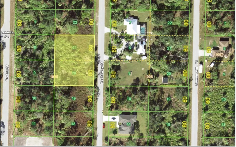 Aerial view of 213-221 Rockaway St. Lots are highlighted in yellow.