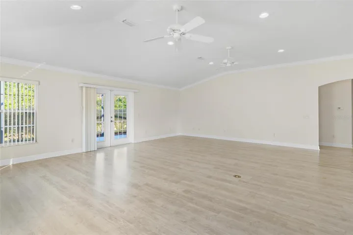 Living area with high ceilings
