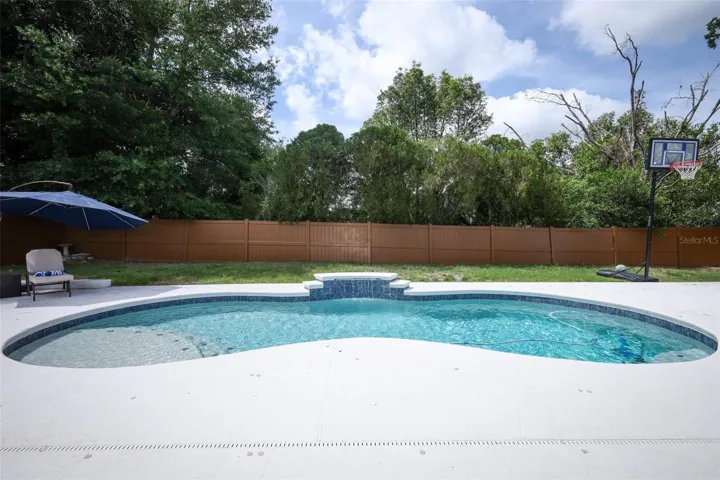 Saltwater Solar Heated Pool with Tanning Shelf and water feature
