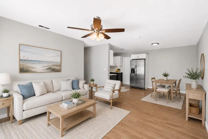 Staged living room and dining area