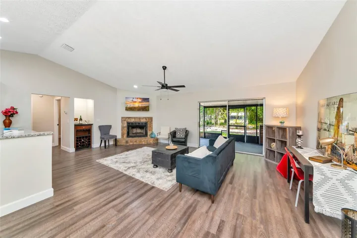 Great room with wood burning fireplace