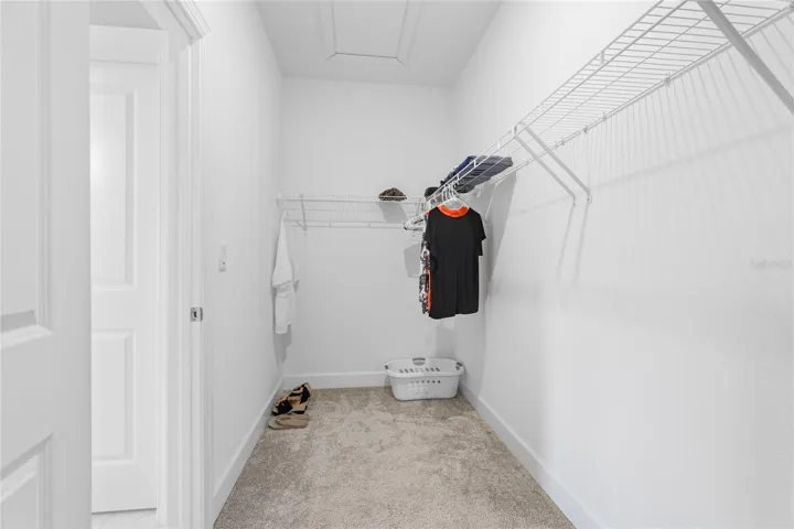 Owner's expansive walk in closet with shelving and extra room for storage.