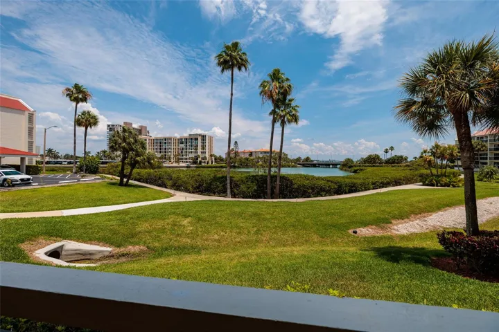 East view of landscaped trail and water