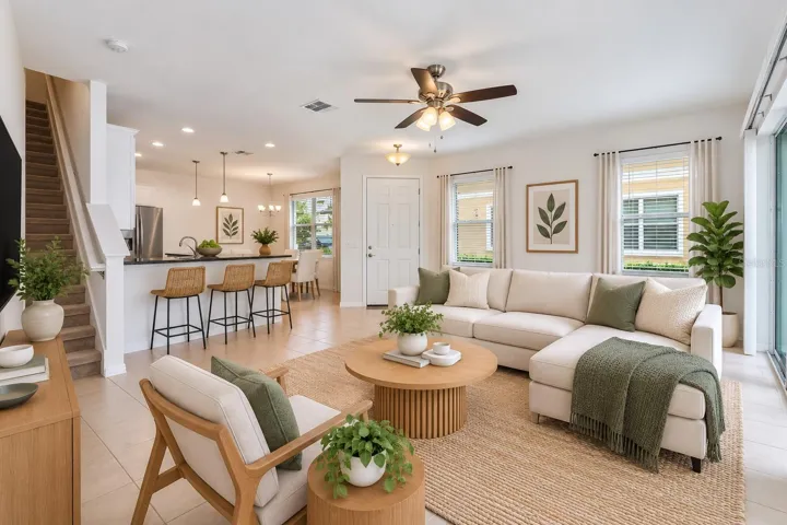 Spacious open-concept living area with abundant natural light and direct connection to the kitchen and dining spaces.