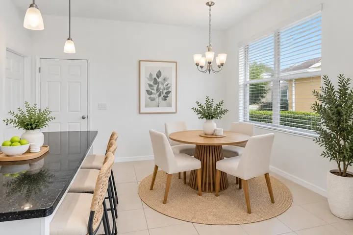 Dining area conveniently located adjacent to the kitchen and enhanced by natural light from the large window.