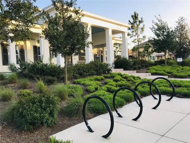 Bike racks in front of the community private clubhouse