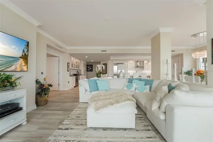 Spacious living area looking back into the kitchen