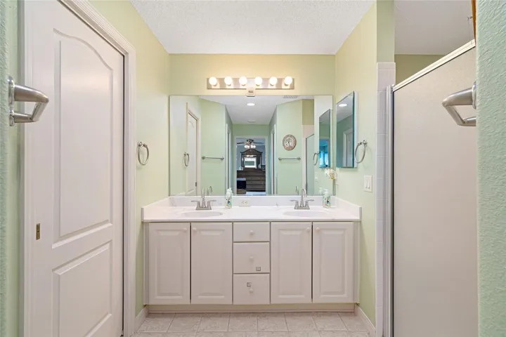 PRIMARY BATH WITH DOUBLE SINKS, WATER CLOSET ON LEFT AND WALK IN SHOWER ON RIGHT