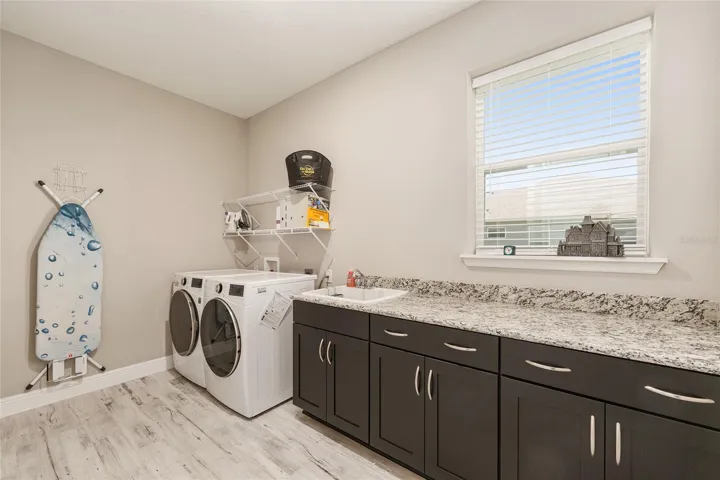 Laundry room with built-in cabinetry, ample counter space, utility sink, bright window, and top-of-the-line LG washer and gas dryer, also wired for electric.