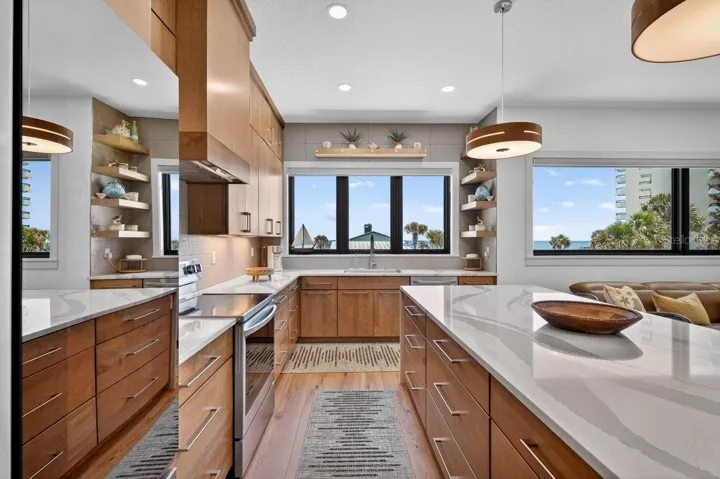 Oceanview Kitchen with Wood Cabs