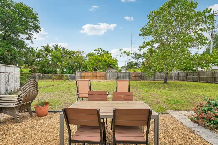 Backyard — Fenced backyard with gravel patio area, mature trees, and open lawn. Paver walkway along the perimeter.