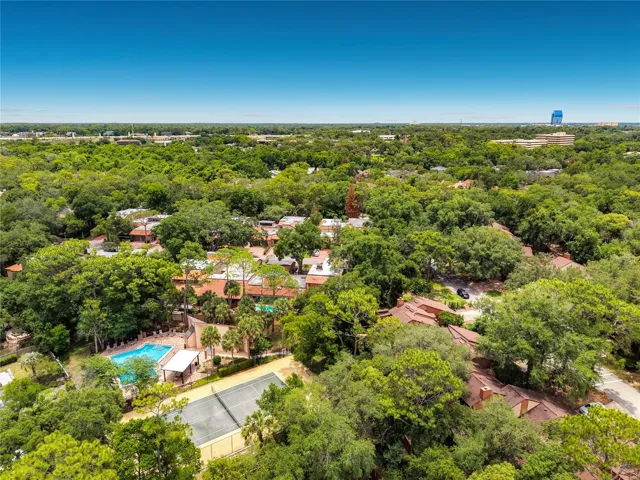 Aerial View of the townhouse and tennis court and pool