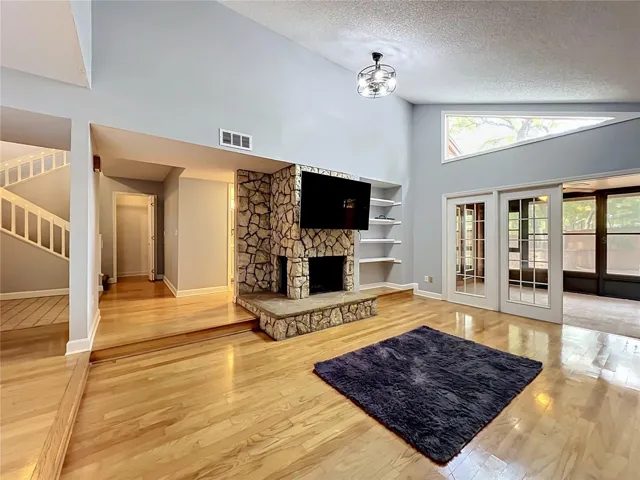Living Room with Wood Burning Fire Place