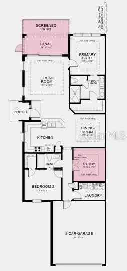 Floor Plan~ Additional Highlights Include: tray ceiling pkg, double pocket doors at study, 8' interior doors, garden fence, washer and dryer, GE refrigerator, and pre-plumb for future laundry sink.