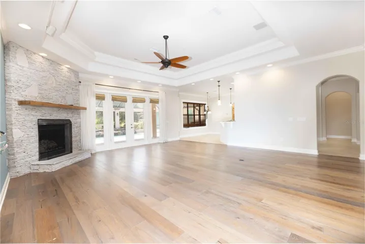 Stone fireplace in living area